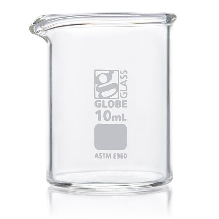 GLOBE SCIENTIFIC Beaker, Globe Glass, 10mL, Low Form Griffin Style, ASTM E960, 12/Box, 12PK 8010010